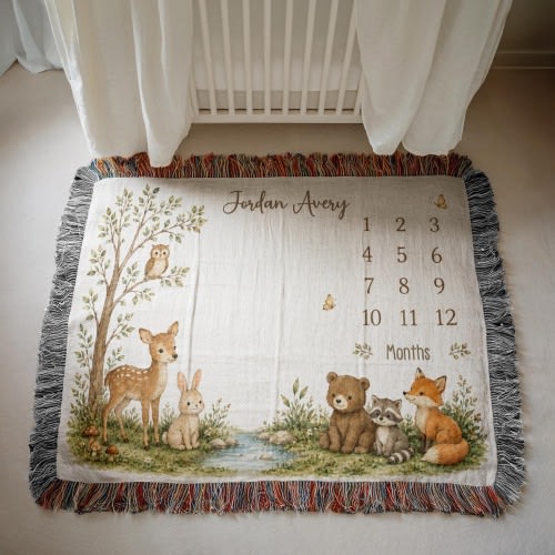 Personalized Woodland Baby Milestone Blanket, Custom Forest Animal Name Blanket, Baby Month Photo Prop Nursery Gift