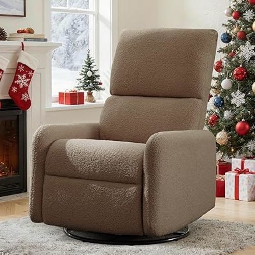 360° Swivel Glider Chair, Rocking Chair Nursery with Side Pockets, Deep Cushioned Seat, Nursery Chair with Steel Structure Base, Sherpa Swivel Chairs for Living Room, Bedroom, Baby Room