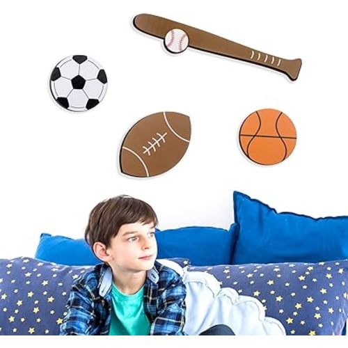 Briwooody 4 Pcs Wooden Sports Decor for Boys Bedroom Hanging Basketball Football Baseball Soccer Vintage Sports Wall Art for Boys Room Kids Nursery Playroom