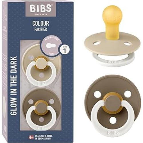 BIBS Pacifiers Colour Collection | Natural Rubber Baby Pacifier | Set of 2 BPA-Free Soothers | Made in Denmark | 0+ Months (Pack of 2) | Vanilla Night/Dark Oak Night