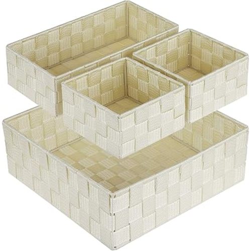 Posprica Woven Storage Baskets for Organizing, Small Black Baskets Cube Bin Container Tote Organizer Divider for Drawer, Closet, Shelf, Dresser, Set of 4(Beige)