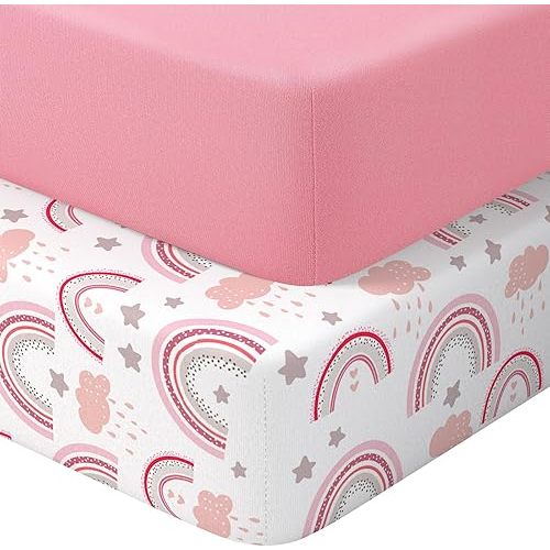 Baby Crib Sheets 2 Pack for Boys and Girls Fit for Standard Crib Toddler Mattress Breathable Soft Microfiber Baby Sheet 28x52x8in (Pink Rainbow & Pink)
