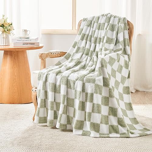 EMME Checkered Knit Blanket Soft Fluffy Patterned Throw Blankets for Couch, Sofa, Chair, Bed, Camping, Picnic, Travel Sage Green 50"x60"