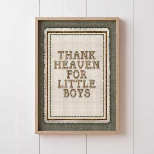 Thank Heaven For Little Boys Wall Art, Boys Room Print, Embroidery Cross Stitch Baby Room Decor, Vintage Nursery Quote, Baby Shower Gift