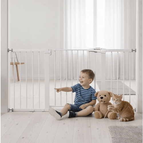 Mumeasy 29.7-57" Extra Wide Baby Gate for Doorways, Auto Close Dog Gate Indoor for Stairs, No-Drill Pressure Mounted Pet Gate with Door, Easy Walk Thru Long&Large Safety Gate for House, Outdoor, Black