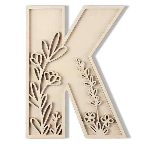 Layered 12 Inch Large Wooden Letters for Wall Decor, Flowered Paintable Wooden Nursery Letters for Crafts Wood Alphabet Letter K for Birthday Boho Nursery Name Sign Wedding Home Decoration