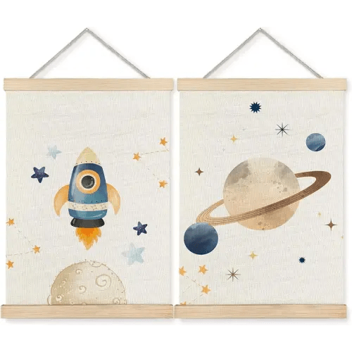BearCake Space Nursery Decor, Solar System Rocket Wall Art Poster Hanger Frame, Space Canvas Prints Framed Wall Decor for Classroom Toddler Boys Room Nursery Playroom, 12x16 Inch Set of 2