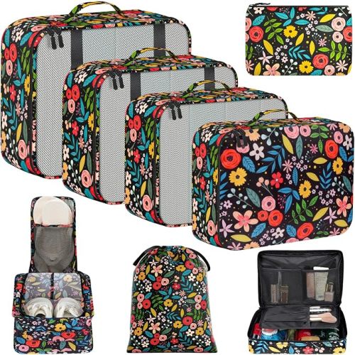 BAGAIL 8 Set Packing Cubes Luggage Packing Organizers for Travel Accessories-Black Floral