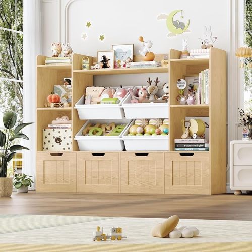 Toy Storage Organizer, Toy Organizer with 4 Movable Drawers and 4 Box Bins, Kids Playroom Storage Organization with Hidden Wheels for Living Room, Kids Room, Natural