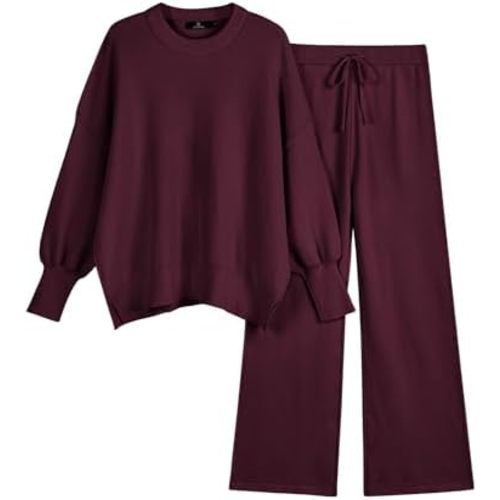 LILLUSORY Women 2 Piece Outfits Sweatsuit Oversized Knit Pullover Sweater Tops Wide Leg Pants Lounge Set