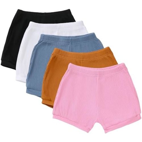 5 Pack Baby Girl Bike Shorts, Toddler Girl Cotton Ribbed Fabric Lantern Pants, Casual Summer Shorts