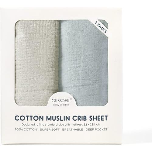 GRSSDER 100% Cotton Muslin Crib Sheet 2 Pack - Breathable & Ultra-Soft Fitted Crib Sheets for Standard Baby & Toddler Mattresses, 52"x28" with 9" Deep Pocket, Snug Fit All-Around Elastic