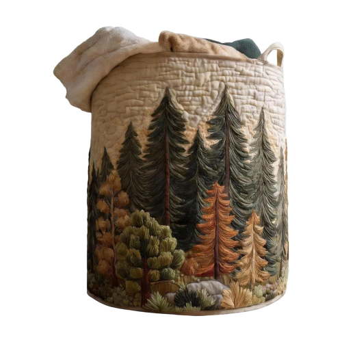 HaCpiu Forest Quilted Quilted Laundry Basket, 17.7" Boho Fabric Storage Hamper with Handles, Large Soft Organizer for Bedroom, Laundry Room, Clothes, Toys & Home Decor