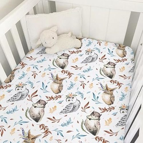 Watercolor Owl Flowers Leaves Baby Crib Fitted Sheet 52''x28'' Cute Owl Birds Floral Stretchy Fitted Mattress Sheet for Boy Girl Soft Baby Nursery Bed Sheet for Standard Toddler Mattress