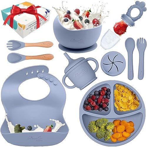 Silicone Baby Feeding Set, 10 Pcs Baby Led Weaning Supplies | Baby Eating Essentials with Toddler Plates and Bowls Set, Silicone Bib, Suction Cup, Spoons & Forks | Empower Independence – Gray