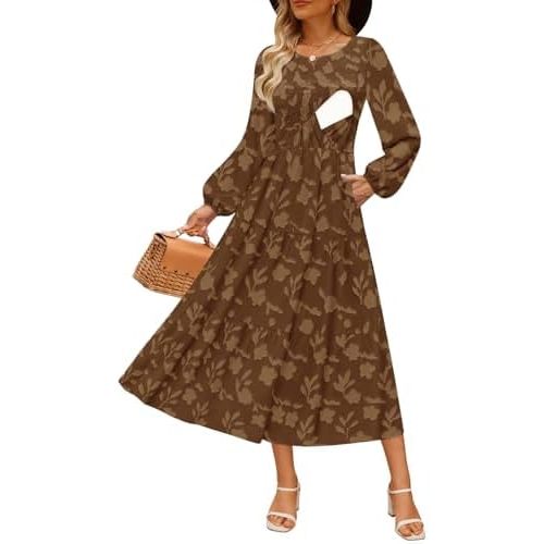 CzzzyL Women's Nursing Dresses Fall Boho Floral Maxi Dress Breastfeeding Long Sleeve Crewneck Wedding Guest with Pockets