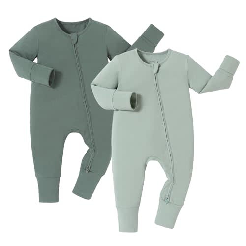 JunNeng 100% Cotton 2Pack Baby Boy Zipper Romper Long Sleeve Baby Pajamas with Mitten Cuffs One Piece 0-18 Months