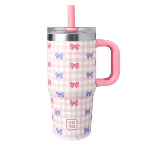 YAYA My First Travel Tumbler for Preschool & Kids 3+, Insulated Stainless Steel Tumbler with Reusable Silicone Straw & Spill-Proof Lid, Cup Holder Compatible, BPA-Free, 12oz, Plaid Bows
