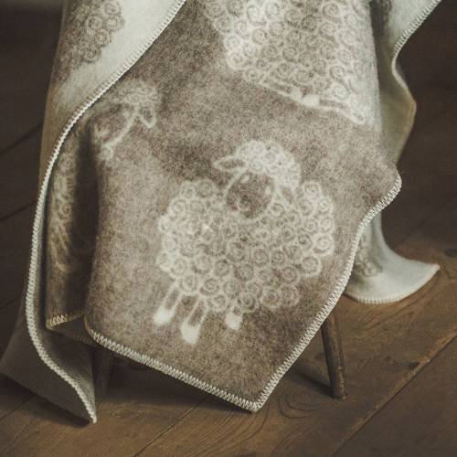 Wool Blanket Throw - Beige and White with Curly Sheep Pattern, (51x79 inches / 130x200 cm), Double-Sided, 100% Organic Pure Wool Blanket