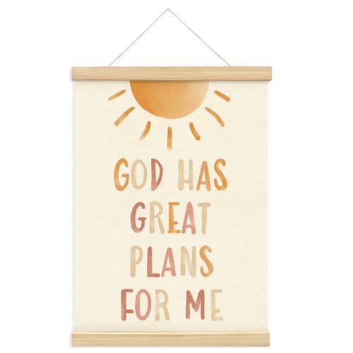 PLKMN Christian Nursery Wall Decor, God Has Great Plans for Me Wall Art with Wooden Poster Hanger, Boho Sun Christian Wall Decor for Nursery Kids Room Sunday School Preschool Classroom, 12x16 Inch
