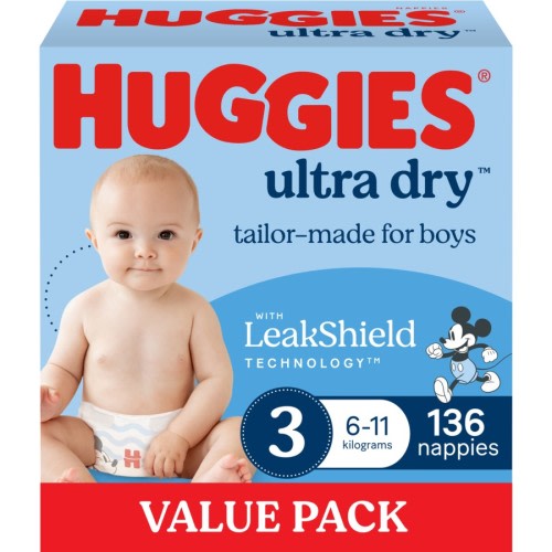 Huggies Ultra Dry Nappies Boys Size 3 (6 - 11kg) 136 Pack