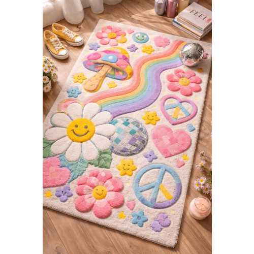 Hand Tufted Mushroom Rainbow Floral Rug, Boho Pastel Nursery Carpet