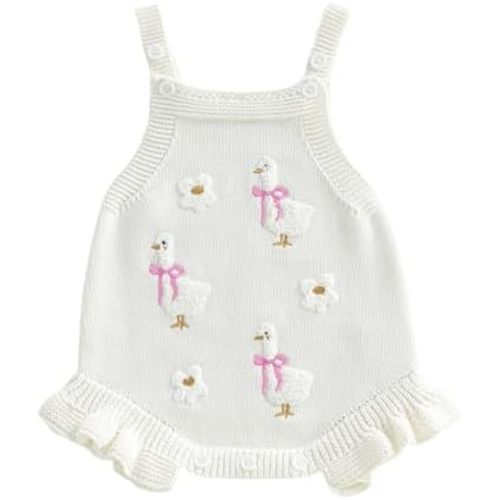 Infant Baby Girl Outfit Goose Floral Embroidery Sleeveless Crochet Knit Sweater Romper Bodysuit Toddler Spring Clothes