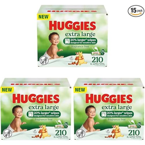 Huggies Extra Large Baby Wipes, Unscented, 15 Flip-Top Packs, 630 XL Wipes Total, Packaging May Vary (Pack of 3)