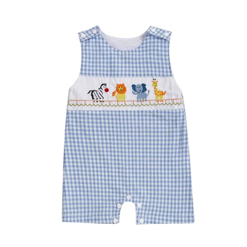 Karuedoo Newborn Baby Boy Summer Clothes Animal Embroidery Plaid Sleeveless Romper Jumpsuit Overall Bodysuit One-Piece Outfit