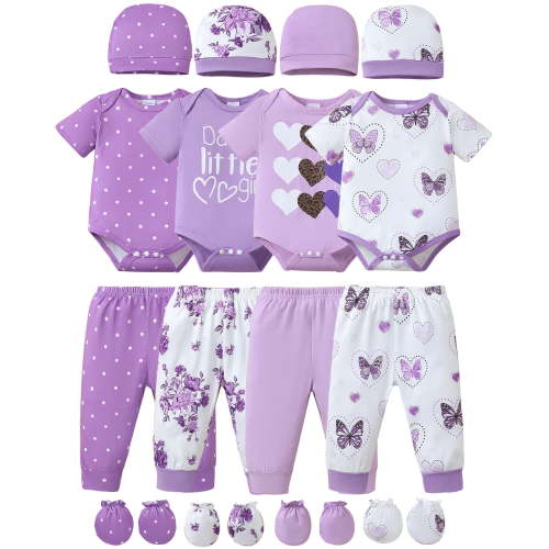 KIMI BEAR Newborn Baby Girls Layette Essentials Set 0-3 Months Summer Clothes 4 Packs Short Sleeves Romper Tops Pants Sets with Hats and Gloves 16pcs Girl Gifts Purple