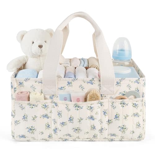 Baby Diaper Caddy Organizer with Portable Changing Mat-Portable Baby Organizers and Storage, Gift for Baby Shower, Baby Essentials Organizer with Removable Dividers (Blue Floral)