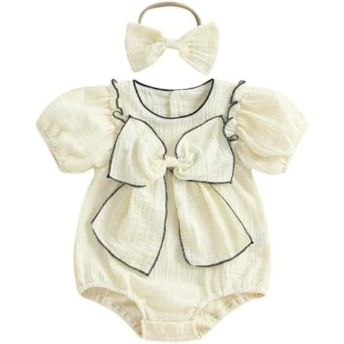 Newborn Infant Baby Girl Summer Clothes Cotton Linen Short Sleeve Bubble Romper Bow Bodysuit with Headband