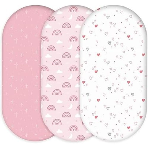 Bassinet Sheets for Baby Girl 32 * 16, 3 Pack Soft Breathable Baby Bassinet Mattress Sheets Fit for Hourglass Oval Cradle, Moses Basket Rectangle Mattress (Rainbow, Pink)