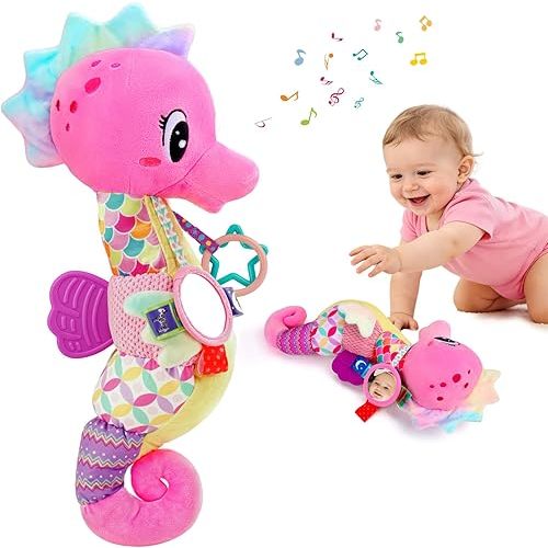 Baby Girl Toys 0-6 Months Musical Seahorse Stuffed Animal Tummy Time Toys Infant 3-6 6-12 Months with Baby Mirror Sensory Newborn Crinkle Developmental Toy Birthday Shower Gifts 0-3 4 5 6 Month