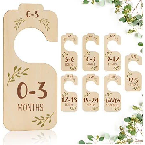 Baby Closet Dividers for Clothes Organizer - Set of 8 Beautiful Wooden Double-Sided Baby Clothes Size Hanger Organizer from Newborn to 24 Months for Boho Nursery Decor