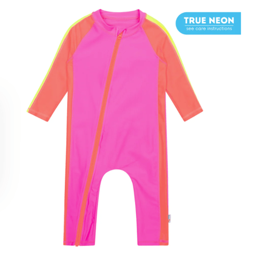 Sunsuit - Long Sleeve Romper Swimsuit | "Neon Pink/Orange" 0-6 Months