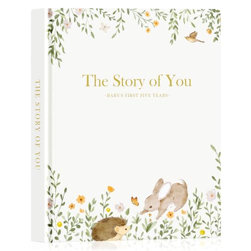 Lanpn Baby Memory Book for Boy Girl - The Story of You, Newborn Babys Book Keepsake Photo Album for New Parents, Leather Cover Baby First 5 Year Milestone Journal Scrapbook (154 Pages)