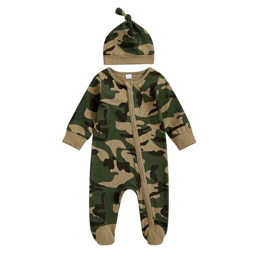 Kupretty Newborn Baby Boy Footies Zipper Footed Romper With Hat | Coming Home Outfit Long Sleeve One Piece Long Sleeve Jumpsuit Going Home Outfits Baby Shower Announcement