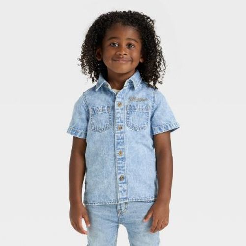 Toddler Boys' Short Sleeve Embroidered Denim Button-Up Shirt - Cat & Jack™ Medium Wash