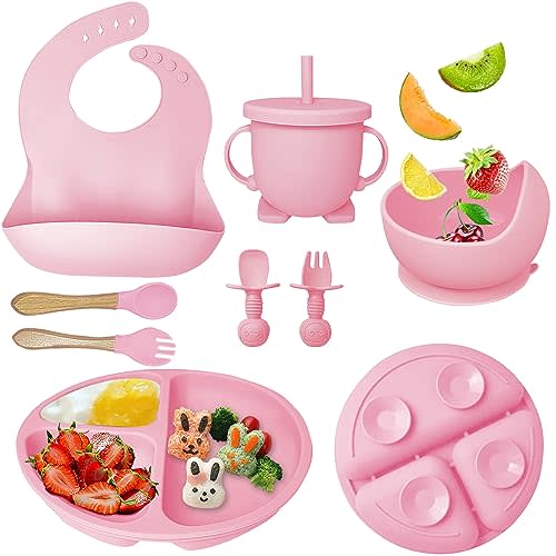 Mrkyy Baby Feeding Set 8 Piece | Baby Led Weaning Utensils Set Includes Suction Bowl and Plate, Baby Spoon and Fork, Sippy Cup with Straw and Lid | Baby Feeding Supplies - Pink