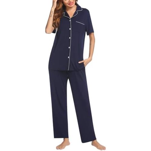 Ekouaer Women Pajamas Set Button Down Sleepwear Short Sleeve Nightwear with Long Pants Soft Pjs Set S-XXL