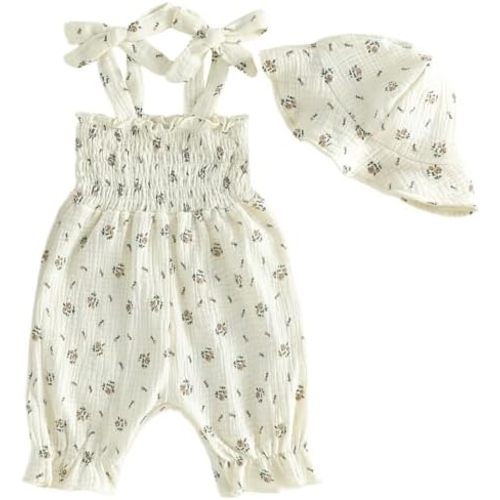 Mubineo Baby Girl Summer Clothes Cute Cotton Linen Romper Jumpsuit Sleeveless Smocked Rompers Sun Hat Comfy Boho Outfits