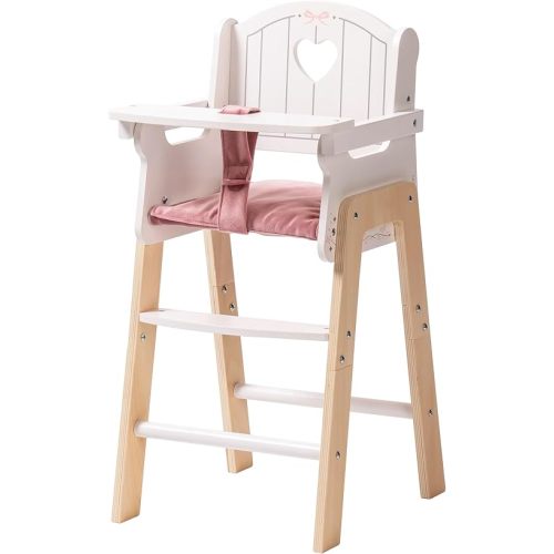 ROBOTIME Wooden Baby Doll High Chair, Pink Wooden Baby Doll Chair for 18 Inch Dolls, Pretend Play High Chair Baby Doll Accessories, Small
