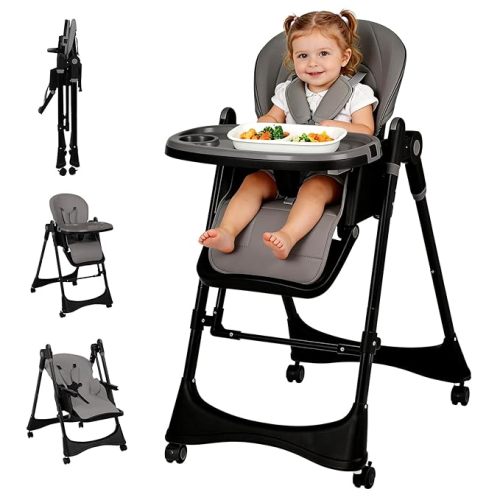3-in-1 Baby High Chair with Soothing Rocker | Convertible Baby High Chair for Babies and Toddlers | Brake Wheels, Easy Clean, Space Saving | Adjustable, Removable Tray (Dark Grey)