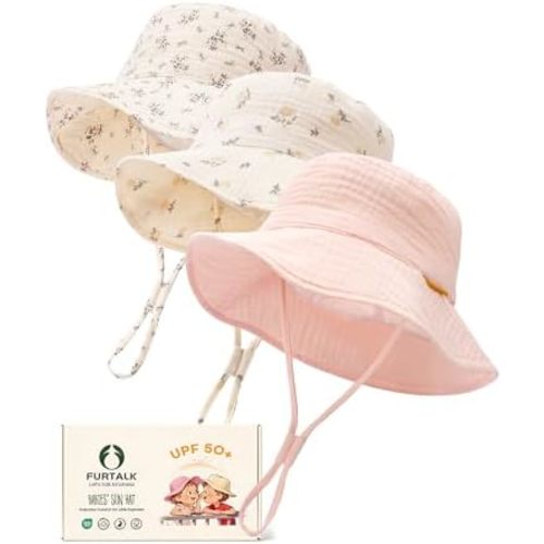 FURTALK Baby Sun Hat Muslin Cotton Toddler Bucket Hat for Girls Boys Wide Brim UPF 50+ Summer Beach Hats Pink