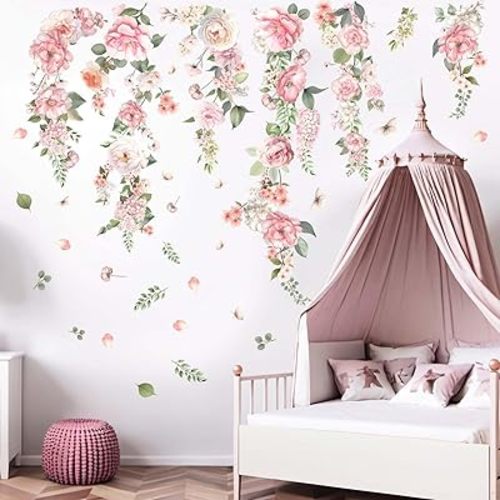 Flower Wall Stickers for Girsl Room: Peel and Stick Large Pink Wildflower Hanging Peony Rose Floral Wall Stickers - Baby Nursery Girl Bedroom Living Room Home Art Wall Decor
