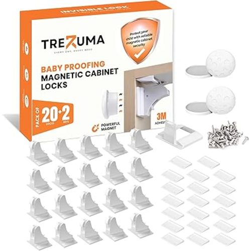 Magnetic Cabinet Locks Baby Proofing (20 Locks + 2 Keys) – Child Proof Cabinet Locks with Easy Adhesive Installation – Child Safety Locks for Kitchen, Cabinets & Drawers with Optional Screws