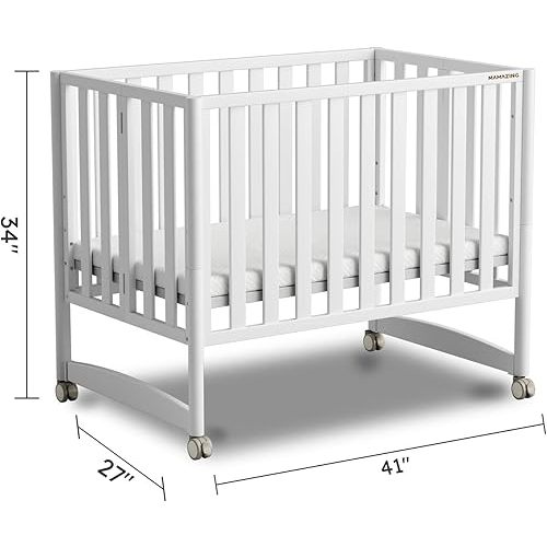 MAMAZING EvoNook 6-in-1 Convertible Mini Crib, 100% New Zealand Solid Wood, 4 Adjustable Mattress Heights, Crib with Mattress, GREENGUARD Gold Certified,White