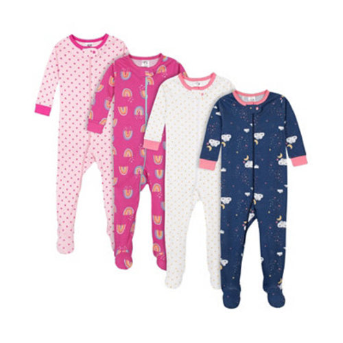 Baby Girls 4-Pack Snug Fit Footed Cotton Pajamas, Apple and Woodland Floral, 0-3 Months