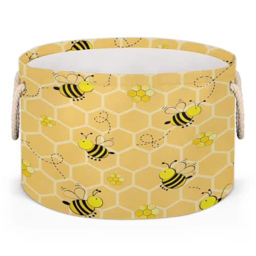 Cute Yellow Bee Large Storage Basket Honeycomb Bee Round Laundry Basket with Handle Organization Collapsible Storage Bins Box Hamper for Kids Toy Clothes Nursery Bedroom Living Room Decor